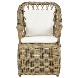 Poltrona da giardino in rattan naturale con cuscini dello schienale in cotone bianco sporco per interni ed esterni