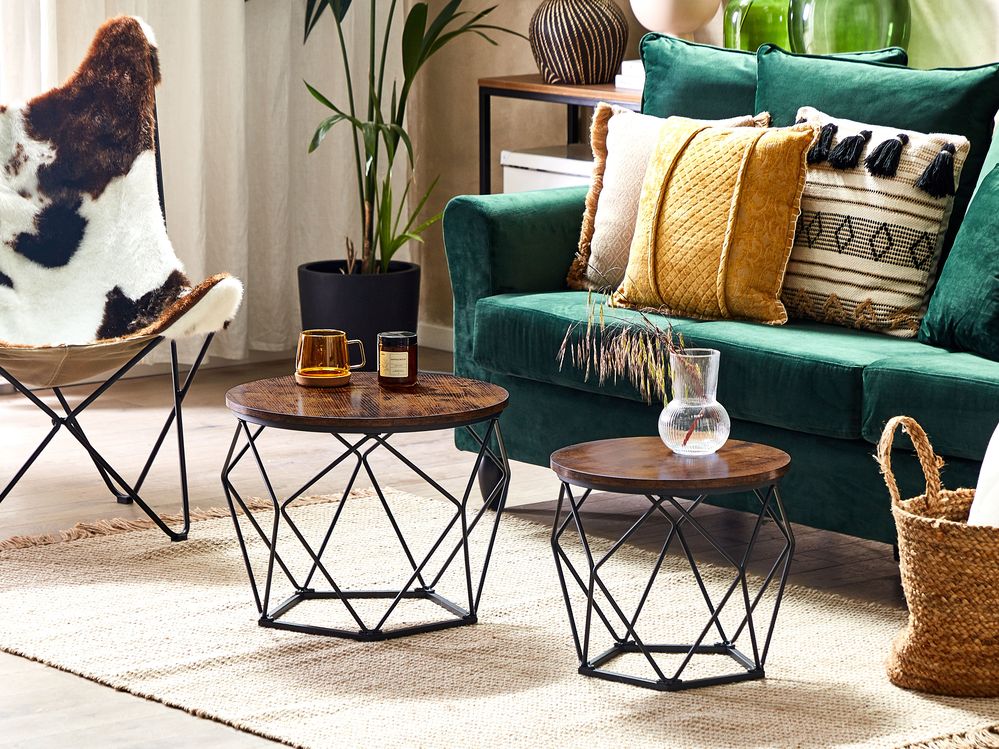 Set di 2 Tavolini da caffè in Legno Scuro Nero Truciolare Ferro Rotondo Piani Rimovibili Tavolini Moderni Industriali per Soggiorno