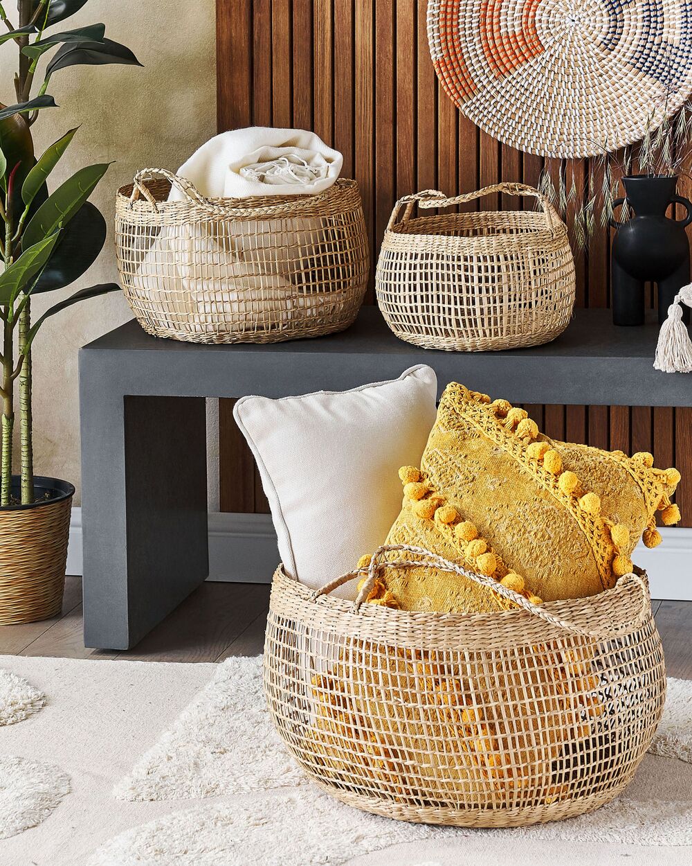 Set di 3 cestini in alghe naturali con manici Accessorio per la casa in stile Boho