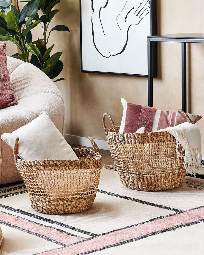 Set di 2 cestini in alghe naturali con manici intrecciati accessori per la casa in stile boho