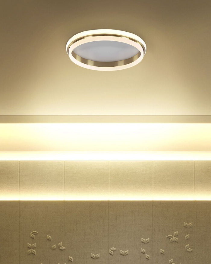 Lampada da soffitto a LED in metallo dorato 64 cm Paralume ad anello in acrilico opale LED Luce bianca calda Illuminazione a filo
