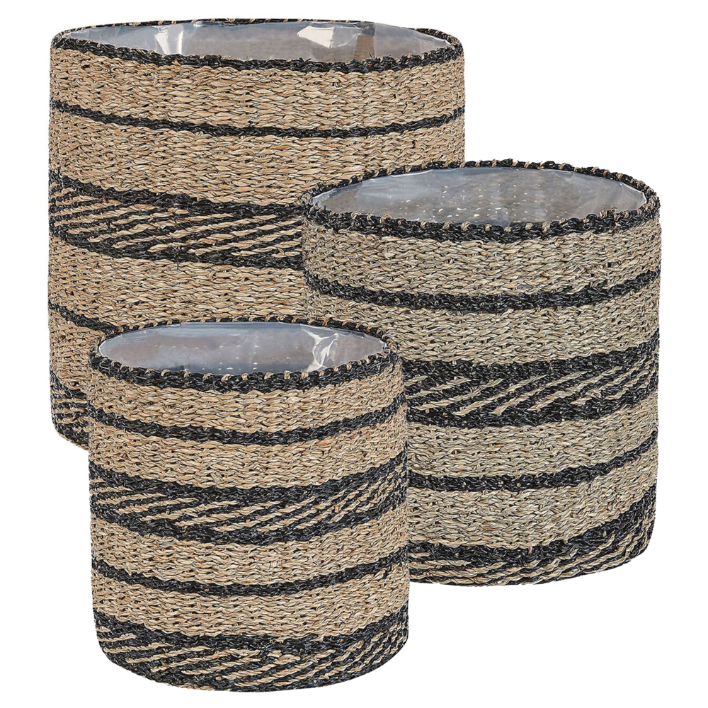 Set di 3 cestini per piante vasi per fioriere in alghe naturali con rivestimento per interni