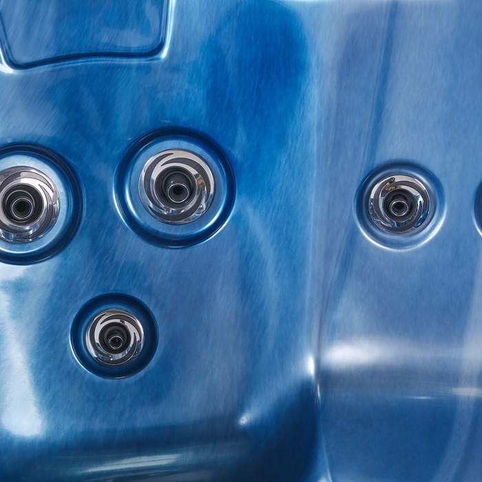 Vasca Idromassaggio Acrilico Blu 180 x 215 cm 4 Posti 19 Getti Idromassaggio Cassa in Alluminio Effetto Legno con Luce LED