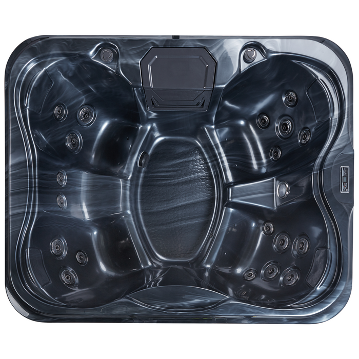 Vasca Idromassaggio Acrilico Grigio 180 x 215 cm 4 Posti 19 Getti Idromassaggio Cassa in Alluminio Effetto Legno con Luce LED