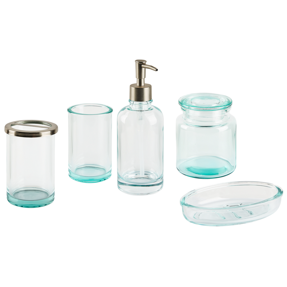 Set di accessori per il bagno in 5 pezzi Dispenser di sapone in vetro verde Glam Portasapone Portaspazzolino Tazza