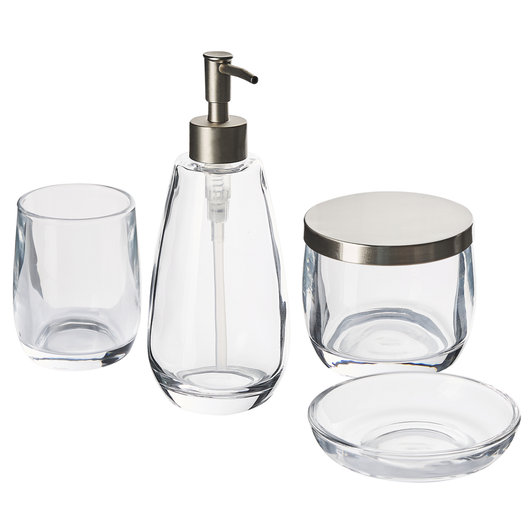 Set di accessori da bagno in 4 pezzi Dispenser di sapone Glam in vetro trasparente Portasapone Portaspazzolino Tazza