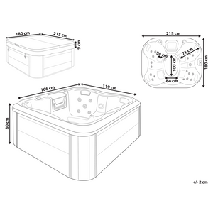 Vasca Idromassaggio Acrilico Grigio 180 x 215 cm 4 Posti 19 Getti Idromassaggio Cassa in Alluminio Effetto Legno con Luce LED