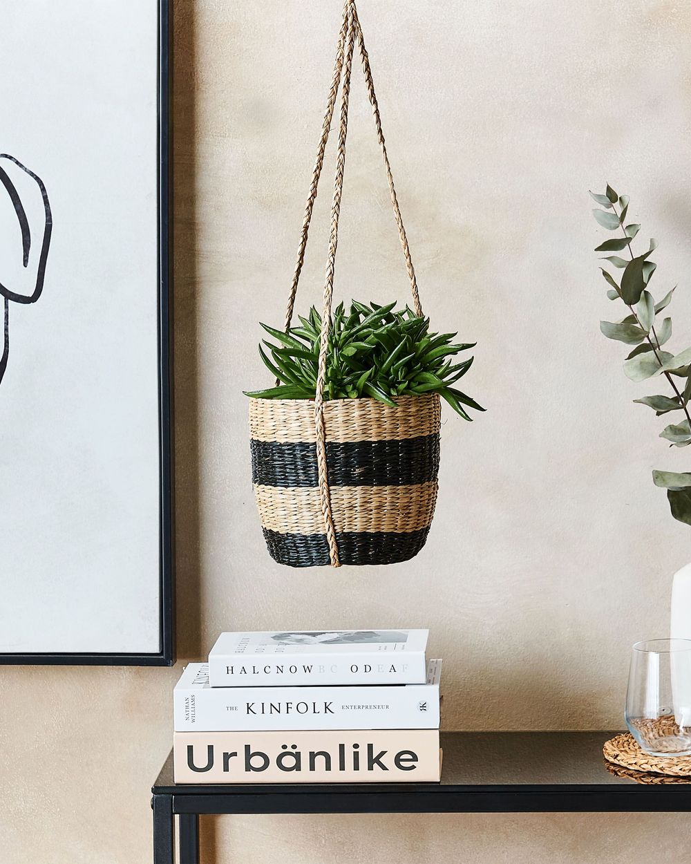 Vaso per piante sospeso naturale con alghe nere 64 cm Accessorio per la casa Fioriera in stile boho