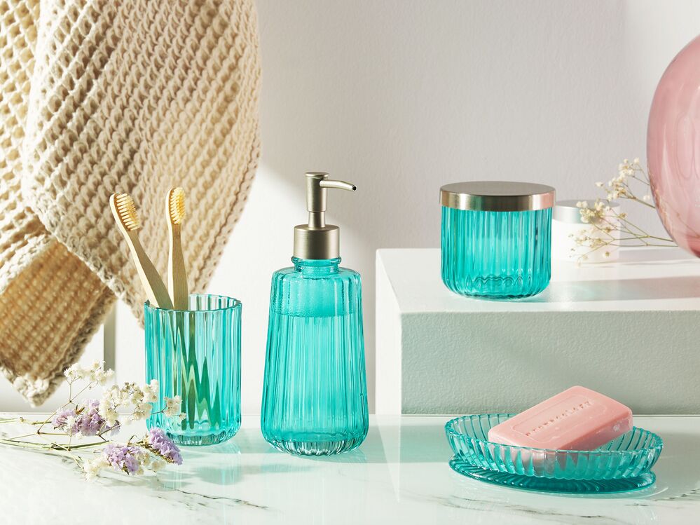 Set di accessori da bagno in 4 pezzi Dispenser di sapone in vetro blu Glam Portasapone Portaspazzolino Tazza
