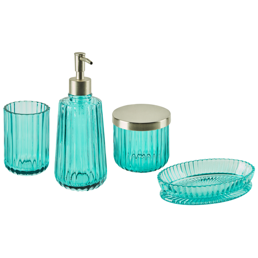 Set di accessori da bagno in 4 pezzi Dispenser di sapone in vetro blu Glam Portasapone Portaspazzolino Tazza