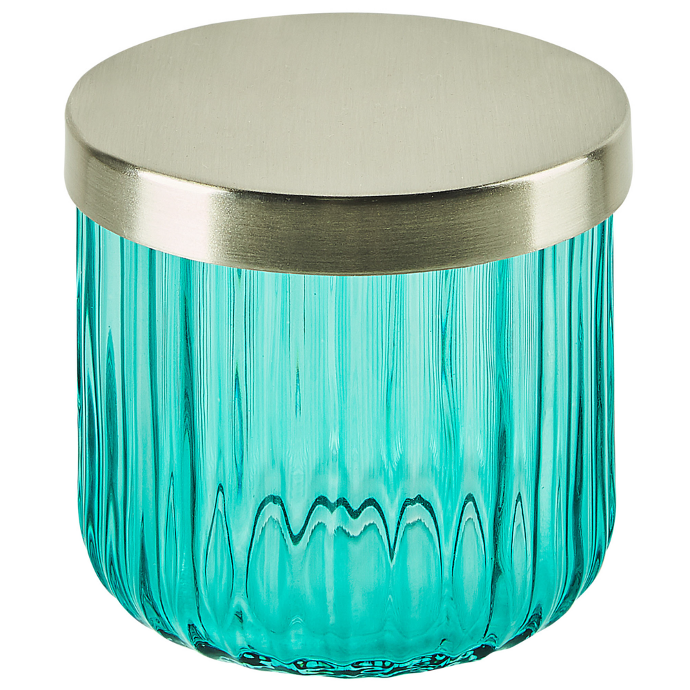 Set di accessori da bagno in 4 pezzi Dispenser di sapone in vetro blu Glam Portasapone Portaspazzolino Tazza