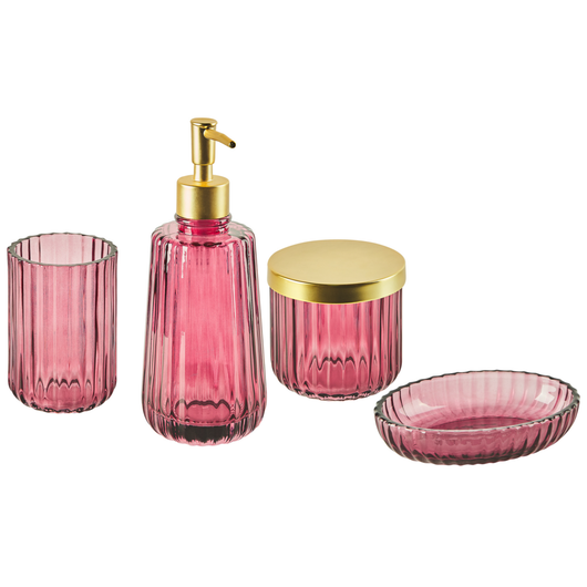 Set di accessori da bagno in 4 pezzi Dispenser di sapone in vetro rosa Glam Portasapone Portaspazzolino Tazza