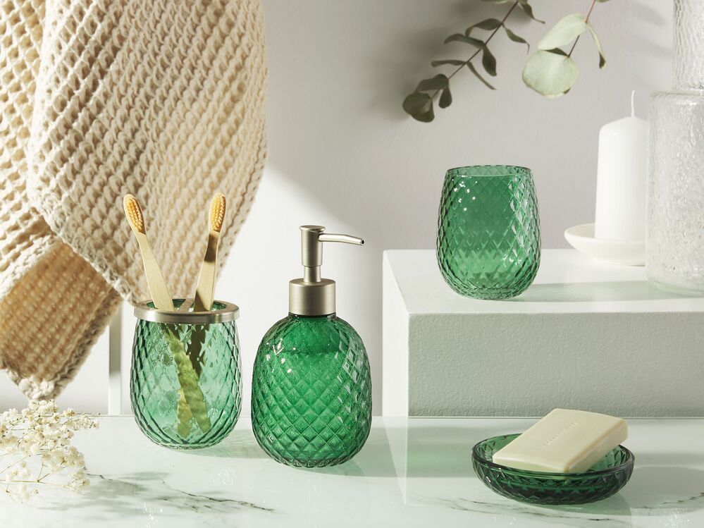 Set di accessori da bagno in 4 pezzi Dispenser di sapone in vetro verde Glam Portasapone Portaspazzolino Tazza