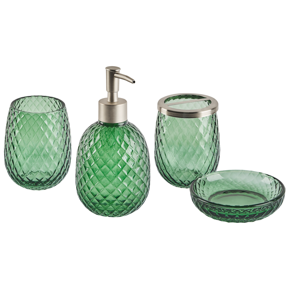 Set di accessori da bagno in 4 pezzi Dispenser di sapone in vetro verde Glam Portasapone Portaspazzolino Tazza