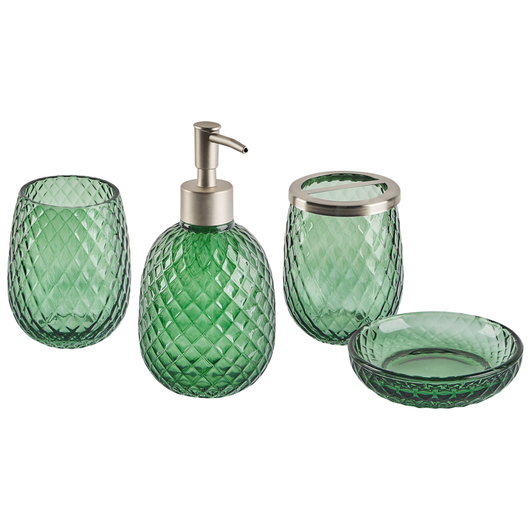 Set di accessori da bagno in 4 pezzi Dispenser di sapone in vetro verde Glam Portasapone Portaspazzolino Tazza