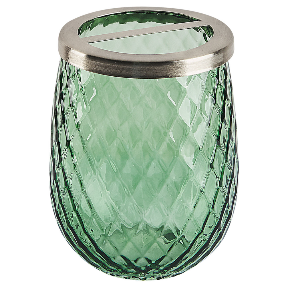 Set di accessori da bagno in 4 pezzi Dispenser di sapone in vetro verde Glam Portasapone Portaspazzolino Tazza