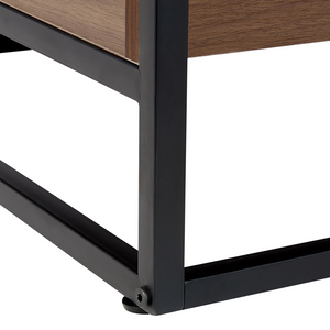 Tavolino in Legno Scuro con Piano in Vetro Nero Struttura in Metallo Funzione Contenitiva Rettangolare Design Moderno