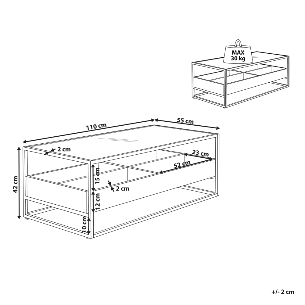Tavolino in Legno Scuro con Piano in Vetro Nero Struttura in Metallo Funzione Contenitiva Rettangolare Design Moderno