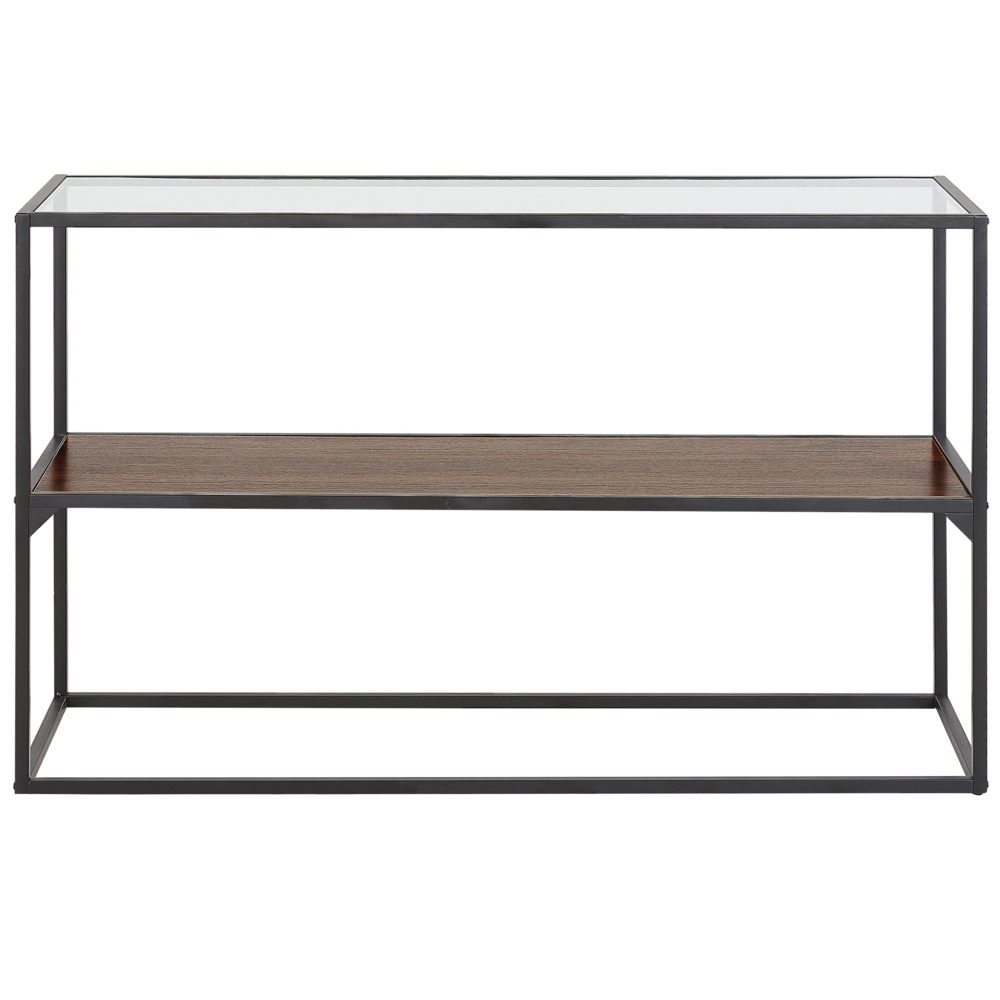 Consolle Legno Scuro con Piano in Vetro Nero Struttura in Metallo Funzione Contenitiva Rettangolare Design Moderno