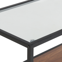 Consolle Legno Scuro con Piano in Vetro Nero Struttura in Metallo Funzione Contenitiva Rettangolare Design Moderno