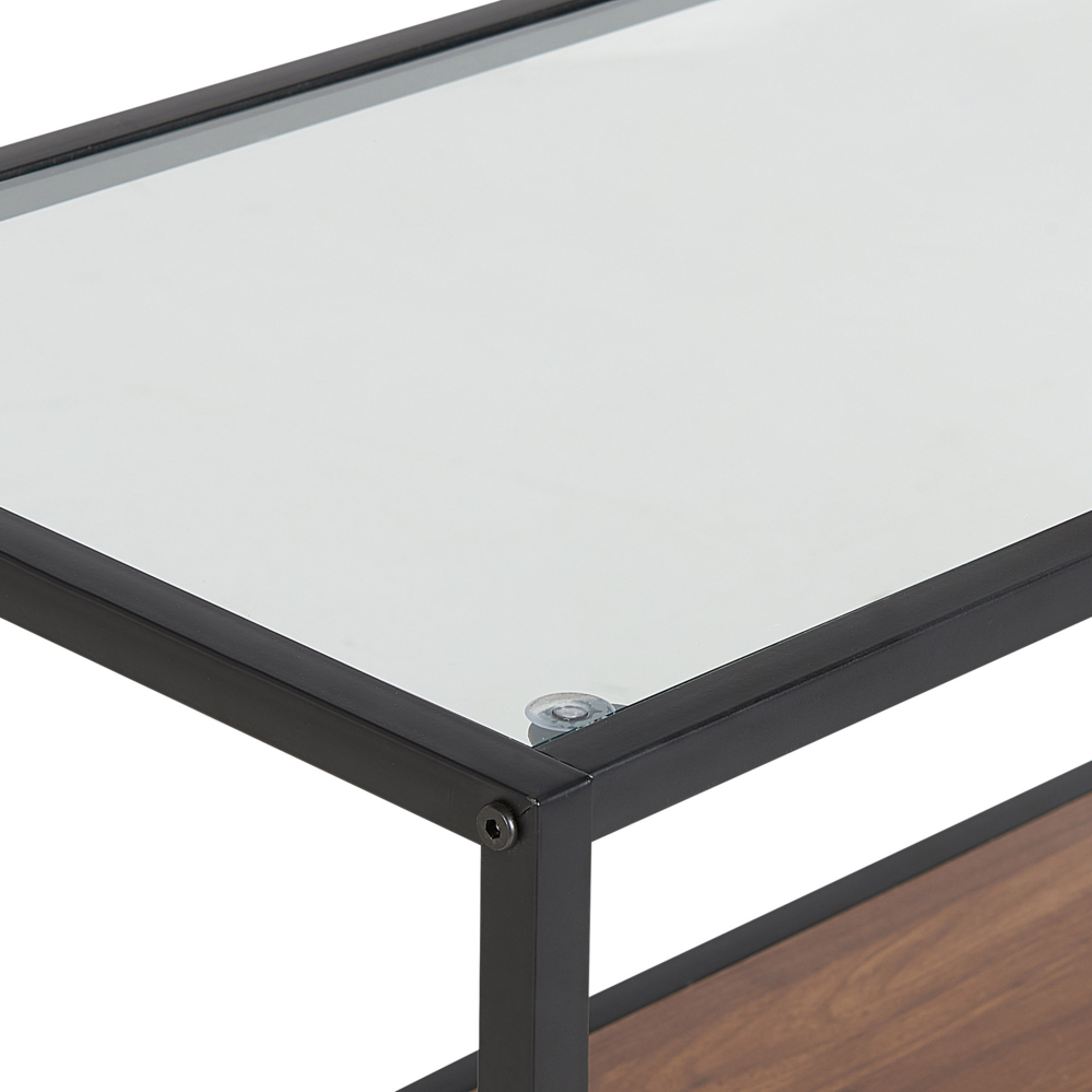 Consolle Legno Scuro con Piano in Vetro Nero Struttura in Metallo Funzione Contenitiva Rettangolare Design Moderno
