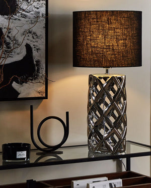 Lampada da Tavolo Base Argento Paralume illuminazione Tamburo Nero