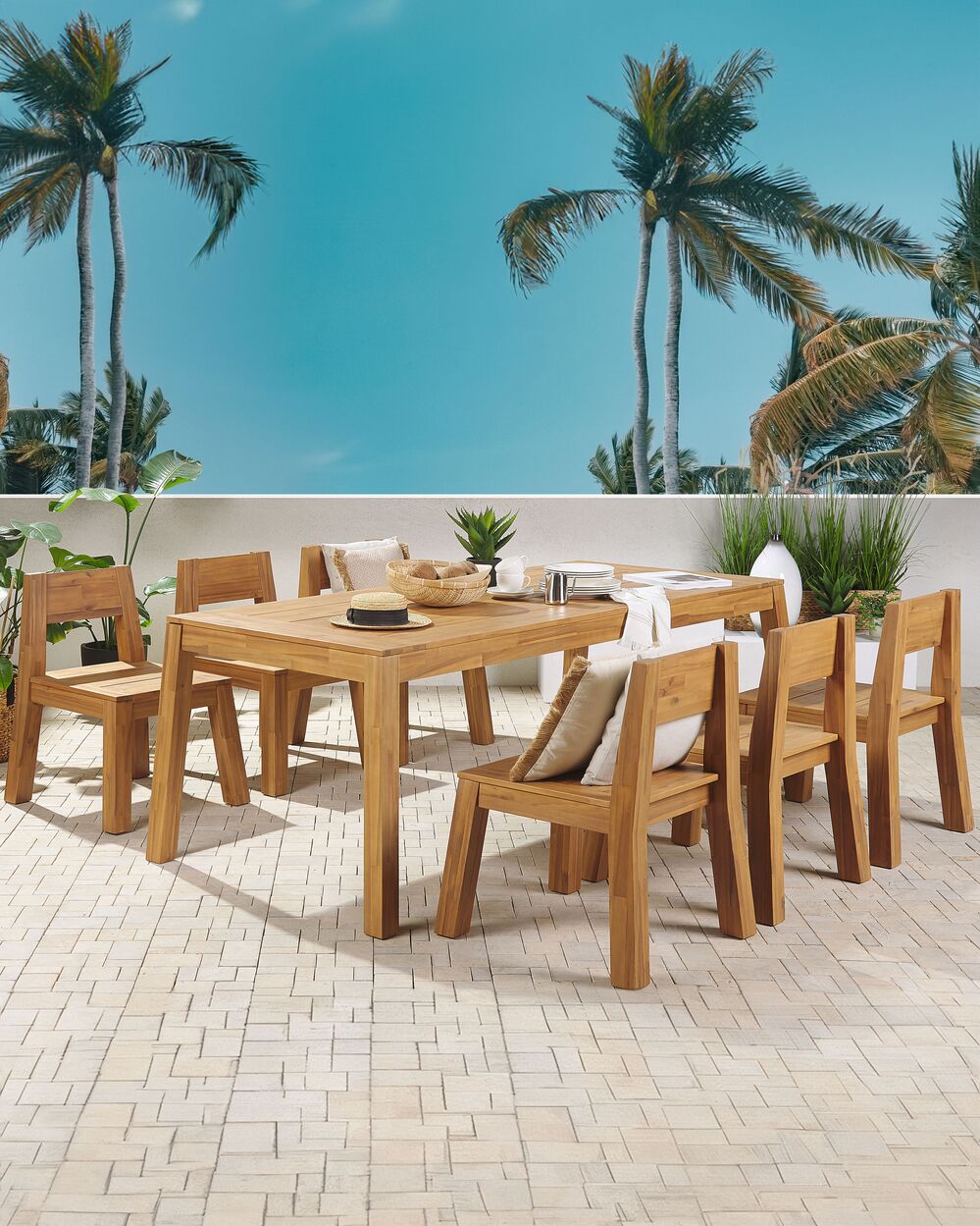 Set di 6 sedie da giardino stile rustico in legno di acacia chiaro laminato 81 x 61 cm da interno esterno rustico design moderno design moderno