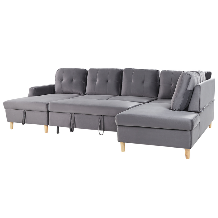 Divano letto a 4 posti in poliestere grigio con contenitore simmetrico moderno