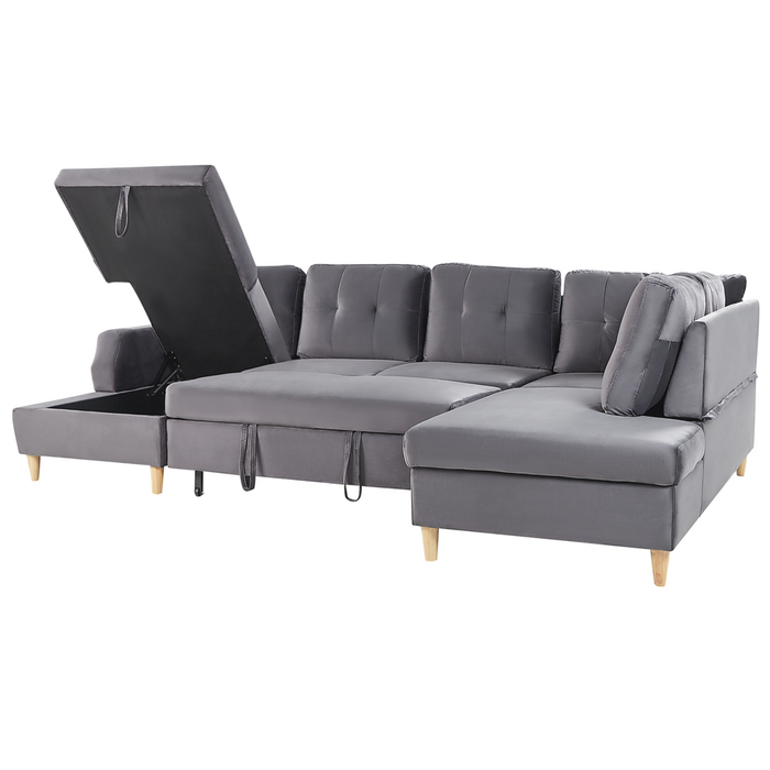 Divano letto a 4 posti in poliestere grigio con contenitore simmetrico moderno