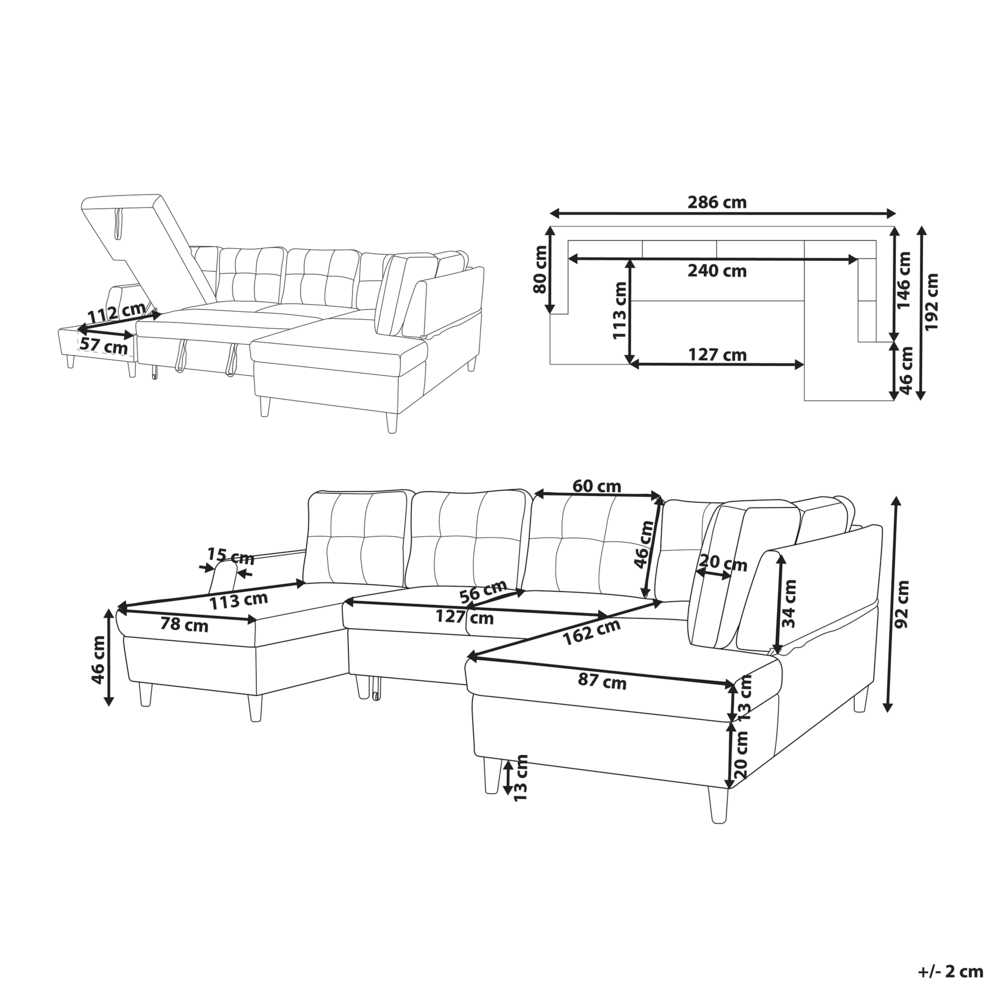Divano letto a 4 posti in poliestere grigio con contenitore simmetrico moderno