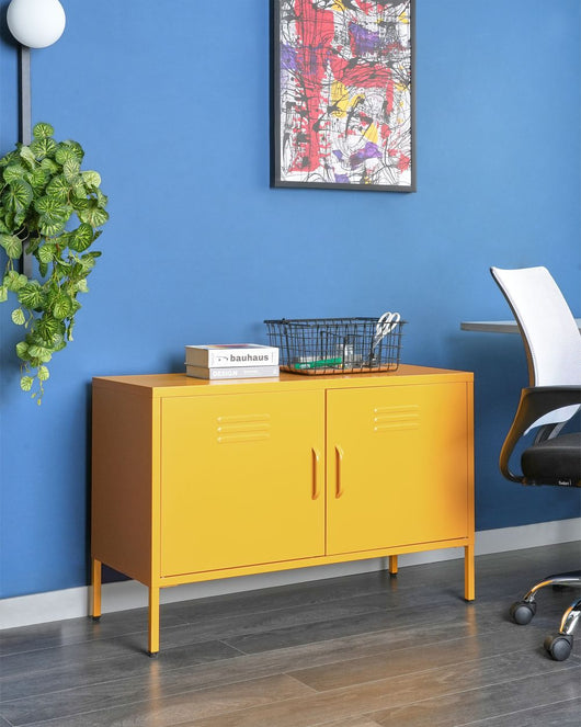 Credenza a 2 ante in acciaio giallo per la casa e l'ufficio mensole per le gambe design industriale