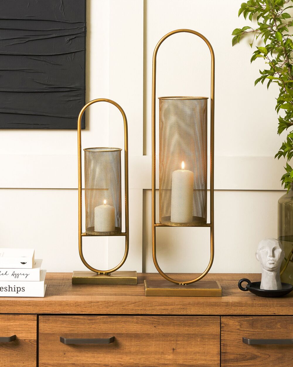 Portacandele moderno in metallo dorato 53 cm ideale per interni ed esterni