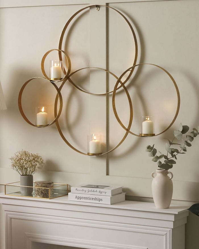 Portacandele da parete con struttura rotonda dorata 80 cm ideale per interni ed esterni