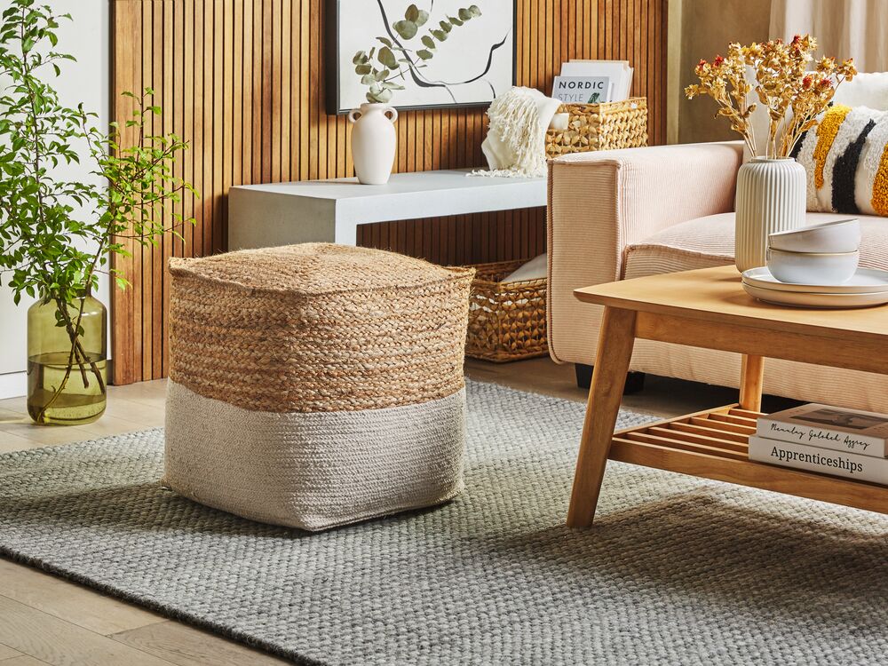 Pouf beige cotone e juta 44 x 44 cm ottomana poggiapiedi multifunzione