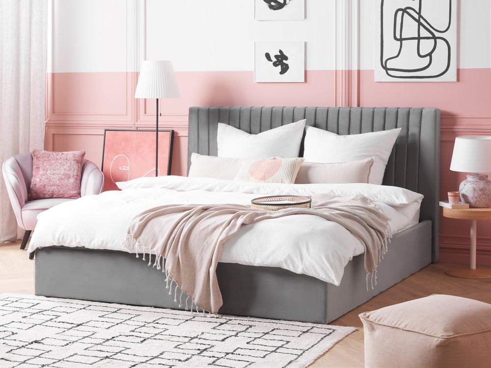 Letto con contenitore velluto grigio 180 x 200 cm Testata imbottita