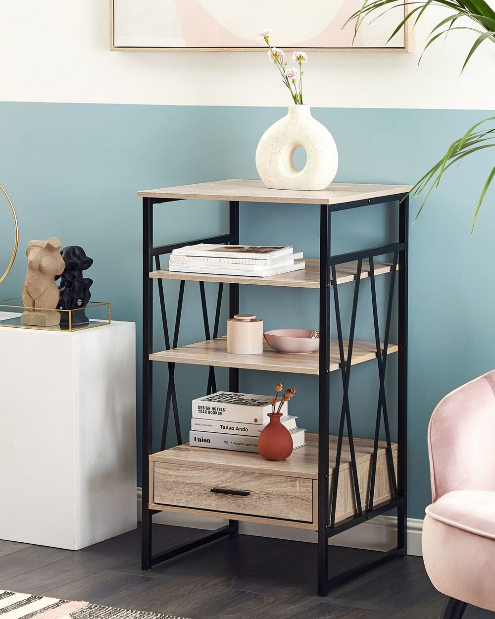 Consolle Mobile TV Legno chiaro e Metallo 3 Ripiani 1 Cassetto Home Office Mobili Stile Moderno