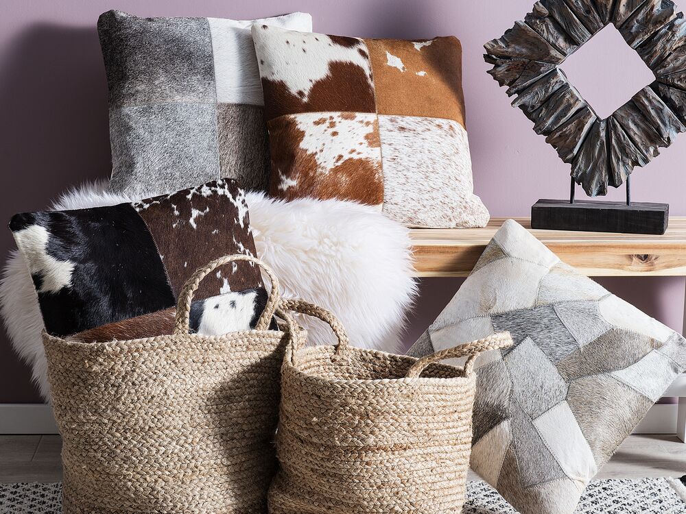 Set di cuscini patchwork in vera pelle di mucca 45 x 45 cm grigio per interni