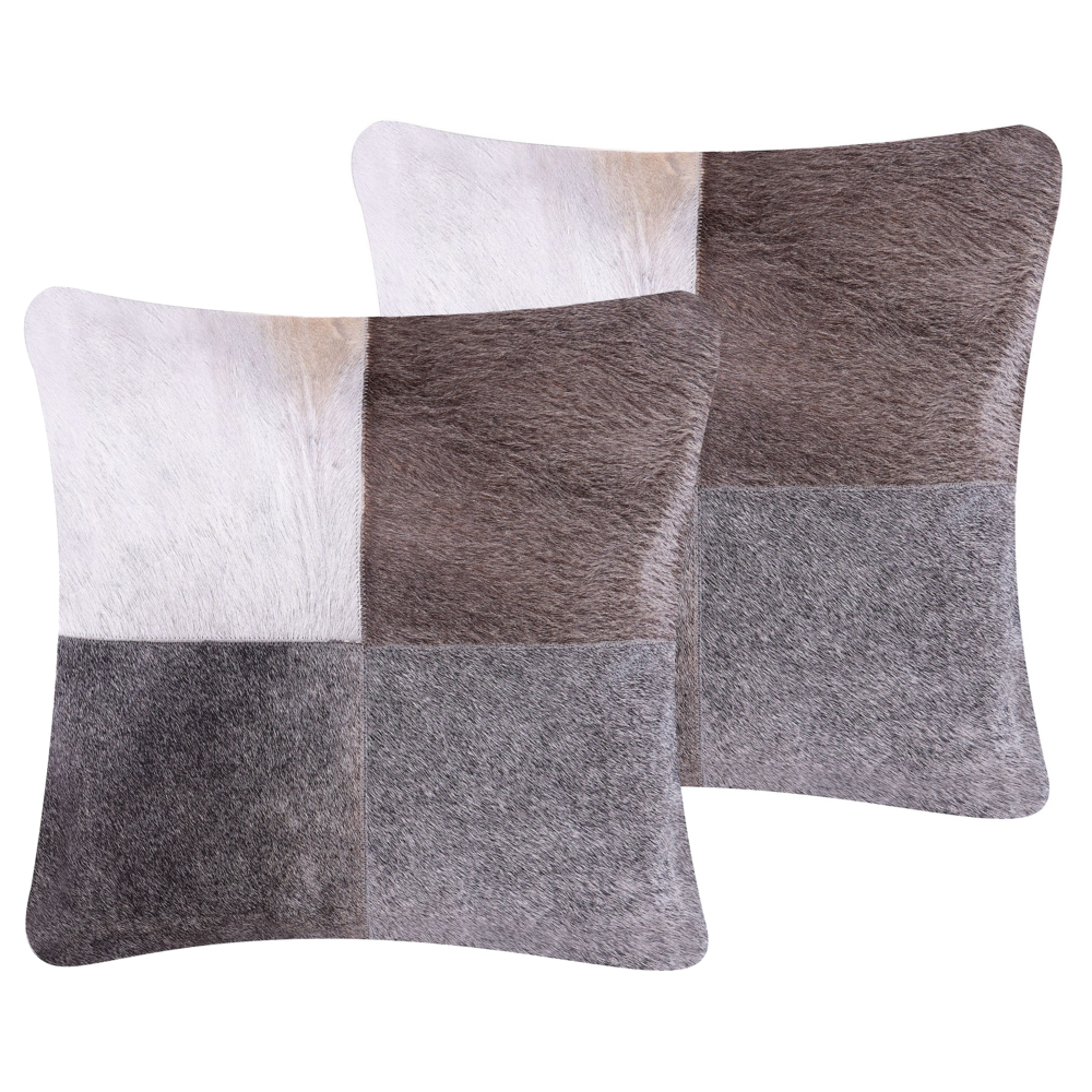 Set di cuscini patchwork in vera pelle di mucca 45 x 45 cm grigio per interni