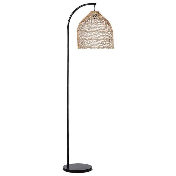 Lampada da terra stile boho in rattan beige naturale e struttura in metallo nero 165 cm