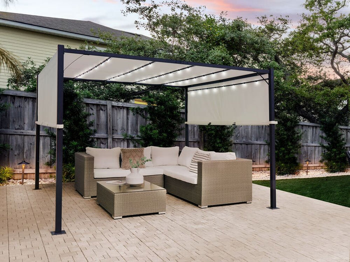 Gazebo in metallo e poliestere nero beige LED 310 cm pergola padiglione da giardino