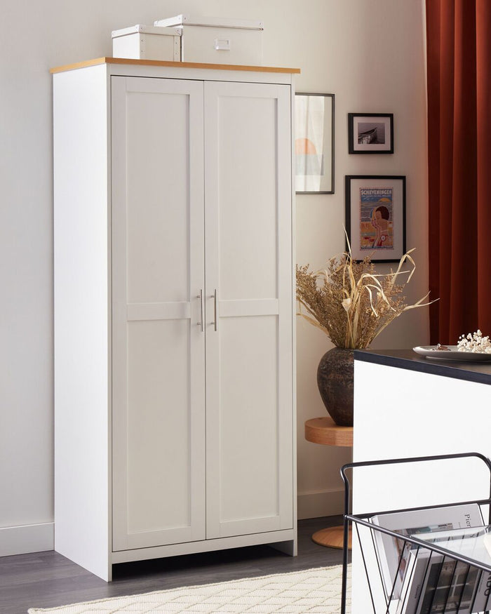 Armadio a 2 ante legno e bianco scaffali e asta appendiabiti 180 cm