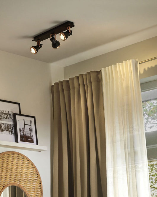 Plafoniera a 3 fuochi con braccio oscillante in metallo nero e rame con paralume a cono faretto design a binario rettangolare