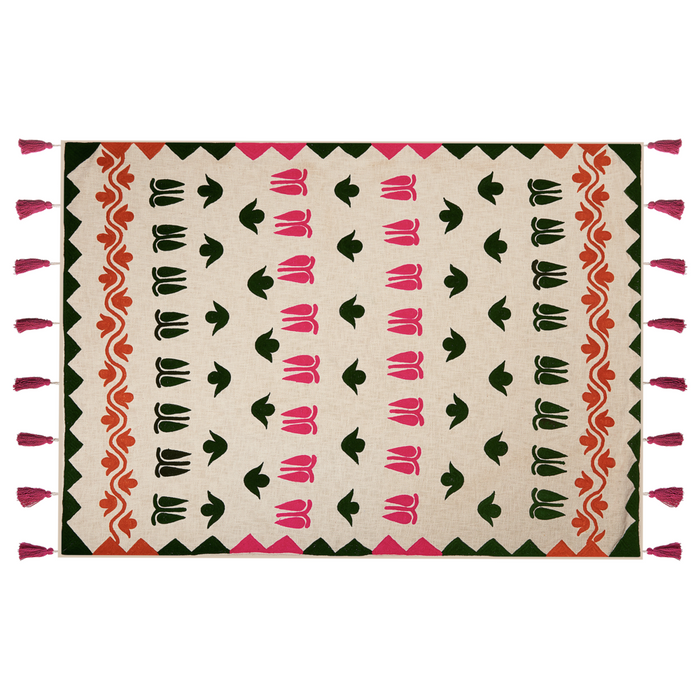 Coperta in cotone multicolore 130 x 180 cm copriletto in ricamo fatto a mano accogliente motivo floreale con nappe