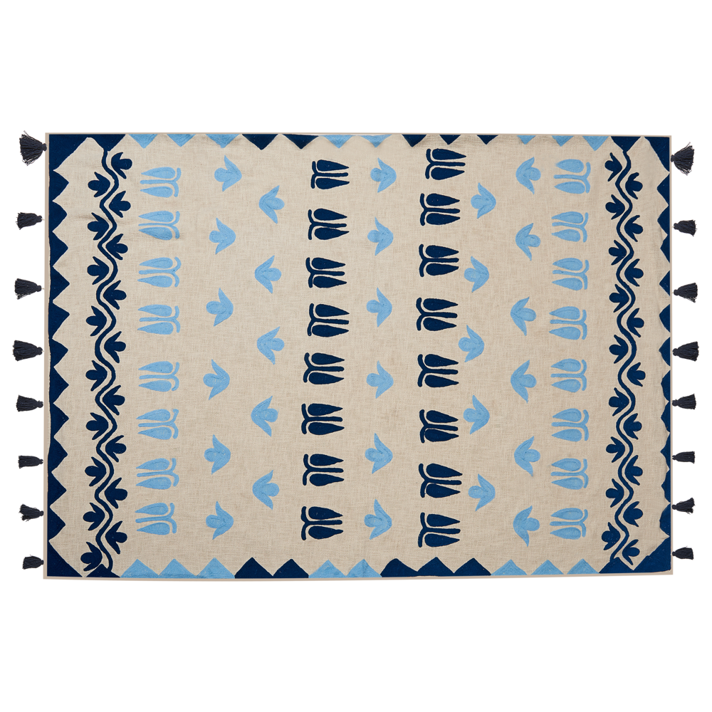 Coperta in cotone beige e blu 130 x 180 cm copriletto in ricamo fatto a mano accogliente motivo floreale con nappe