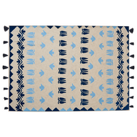 Coperta in cotone beige e blu 130 x 180 cm copriletto in ricamo fatto a mano accogliente motivo floreale con nappe