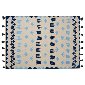 Coperta in cotone beige e blu 130 x 180 cm copriletto in ricamo fatto a mano accogliente motivo floreale con nappe