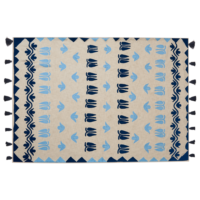 Coperta in cotone beige e blu 130 x 180 cm copriletto in ricamo fatto a mano accogliente motivo floreale con nappe