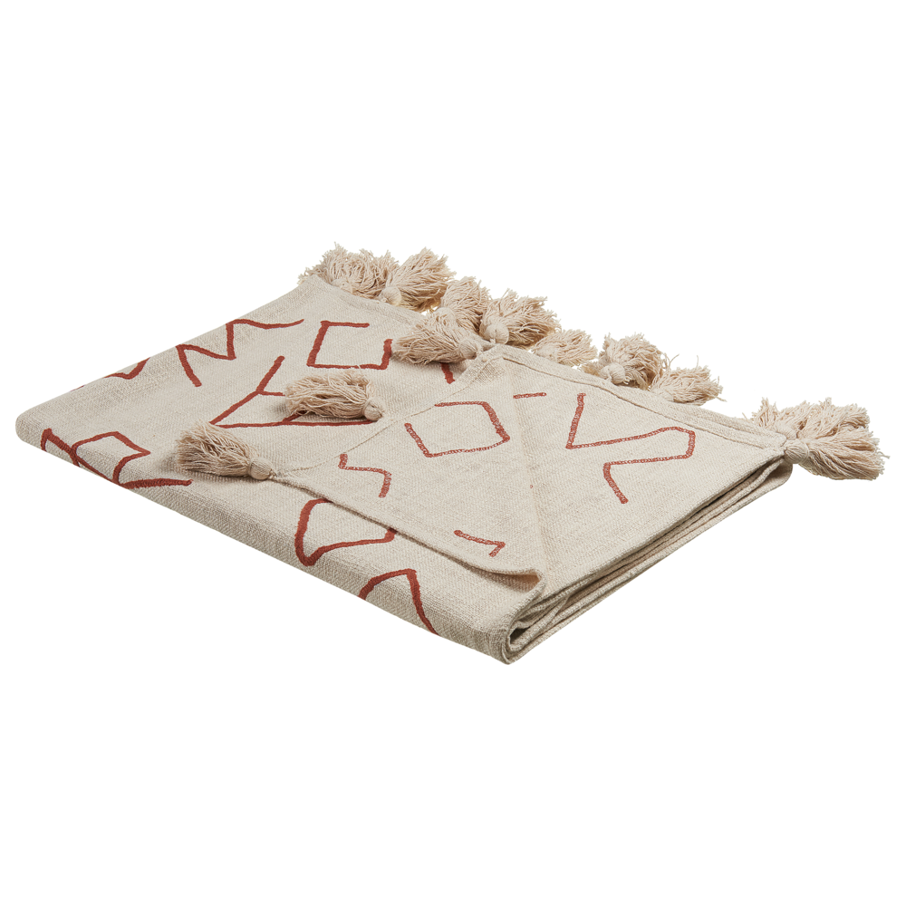 Coperta Beige con Cotone Rosso 130 x 180 cm Copriletto tessuto a mano Motivo Floreale Accogliente con Nappe