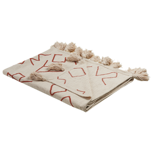 Coperta Beige con Cotone Rosso 130 x 180 cm Copriletto tessuto a mano Motivo Floreale Accogliente con Nappe