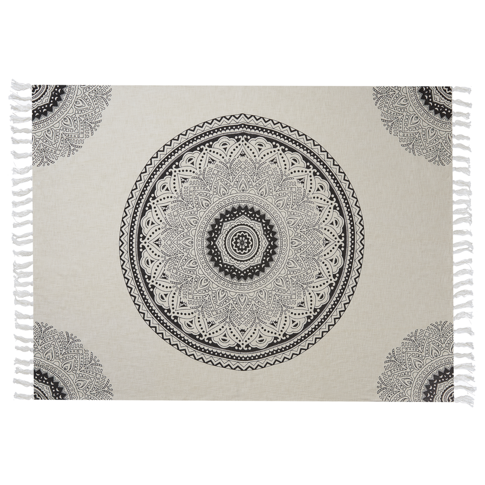 Coperta beige e nero cotone 130 x 180 cm stampa mandala motivo letto copriletto accogliente motivo floreale